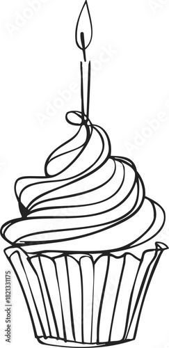 Cupcake with candle sketch, hand drawn line art birthday dessert. Vector illustration
