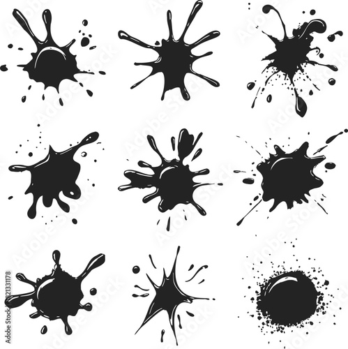 Ink splatter hand drawn vector collection, nine black paint splatters with dynamic drips and scattered drops. Vector illustration