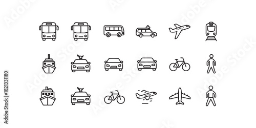 Set of Transport, Location, and Personal Vehicle Outline Icons.