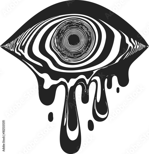 Melting eye sketch, hand drawn psychedelic surreal dripping eyeball with hypnotic lines. Vector illustration