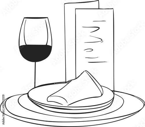 Restaurant table setting, hand drawn sketch with wine glass, plates, napkin, menu. Vector illustration