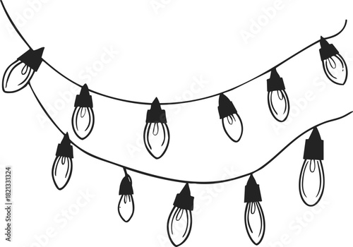 String lights sketch hand drawn festive bulbs hanging on wire. Vector illustration