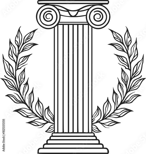 Ionic column sketch with laurel wreath, hand drawn classical architecture motif. Vector illustration