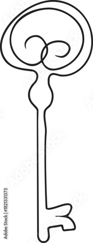 Antique key sketch, hand drawn line art with ornate spiral bow. Vector illustration