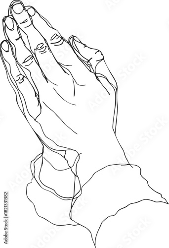 Praying hands sketch, hand drawn line art with detailed fingers and sleeves. Vector illustration