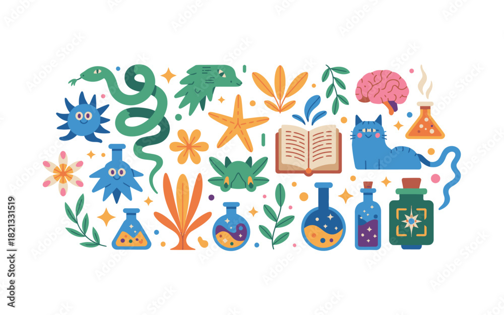 Naklejka premium Whimsical Flat-Style Illustration Featuring Science, Nature, and Cute Animals.