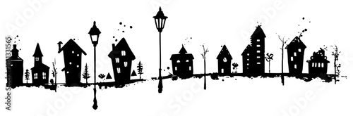 Hand drawn vector banner featuring a whimsical row of houses and street lamps in black silhouette grunge doodle style