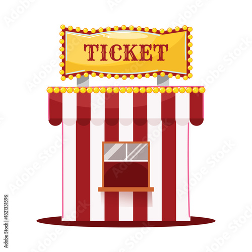 Vector striped ticket office, circus theme, red white stall, yellow signboard, show entrance icon, carnival ticket vendor