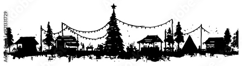Panoramic Christmas market village silhouette with stalls and decorated tree vector illustration sketch style winter fair background