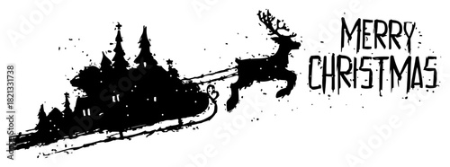 Flying Santa Claus sleigh with reindeer over houses and Merry Christmas handwritten text grunge vector illustration sketch style holiday banner