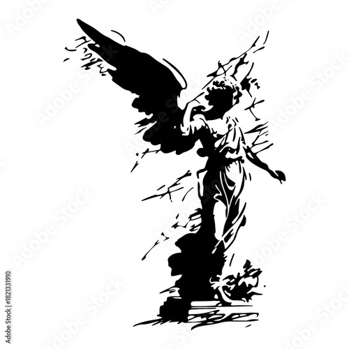 Heavenly angel figure silhouette with wings spreading standing on pedestal grunge black ink vector illustration