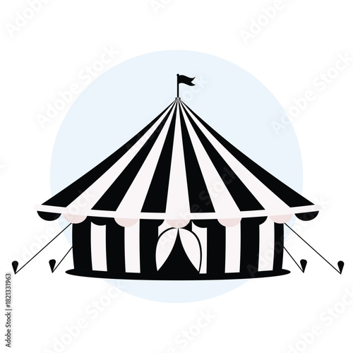 Outline vector circus tent, black white design, simple striped festival icon, minimal drawing, big top, flag, blue circle.
