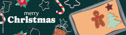 Merry Christmas banner, vector style, gingerbread cookies illustration, festive bakery design, sweet holiday decorated tray, stars.