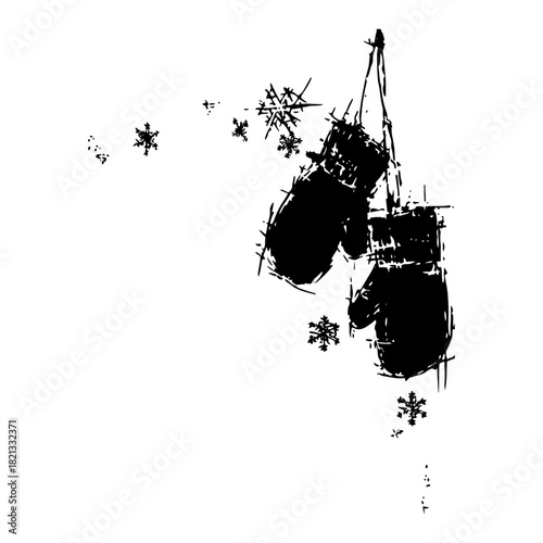Hand drawn vector illustration of hanging winter mittens with falling snowflakes in black silhouette grunge doodle style