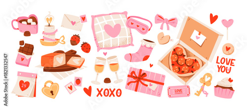Cute Valentine Day elements set with sweets and love gifts. Wedding and love concept. Flat vector set with romantic icons in soft pink and red tones.