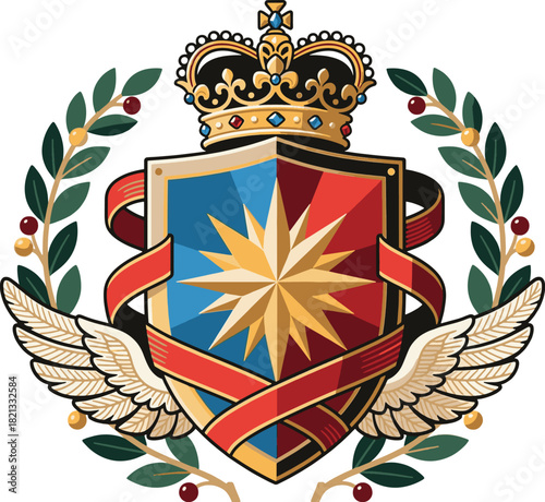 Royal Heraldic Shield Emblem with Crown and Wings Vintage Coat of Arms Logo Design