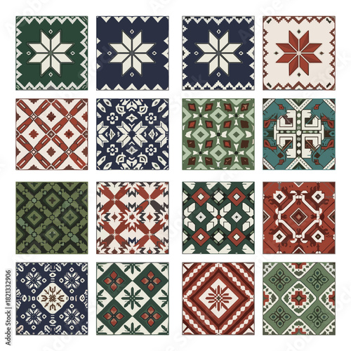 Set of colorful knitted winter sweater patterns in traditional style  