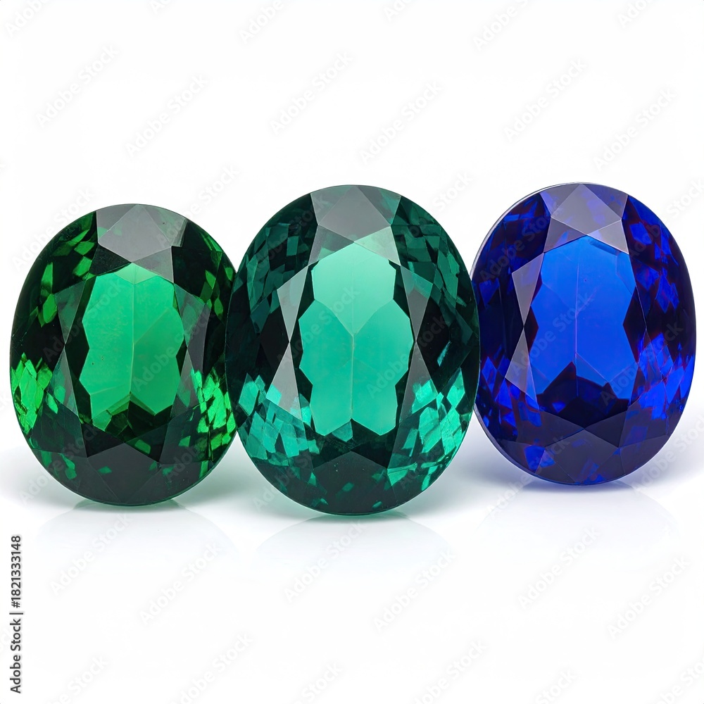Fototapeta premium Three round faceted gemstones, emerald green, teal green, and sapphire blue, are displayed in a studio shot