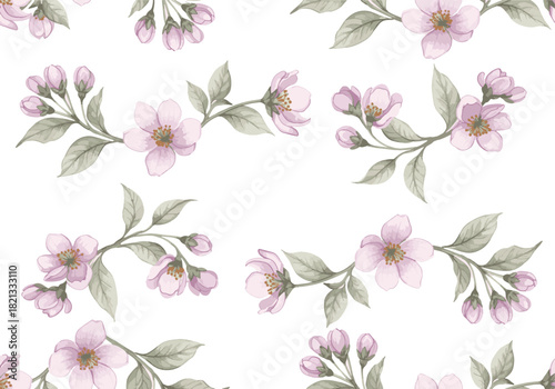 Delicate watercolor seamless pattern featuring graceful pink cherry blossoms and budding branches, perfect for serene spring and elegant floral designs