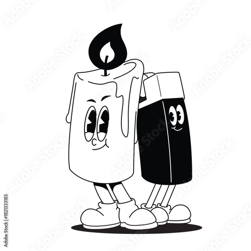 Vintage Line Art Cartoon Style Candle and Lighter Buddies Vector Character