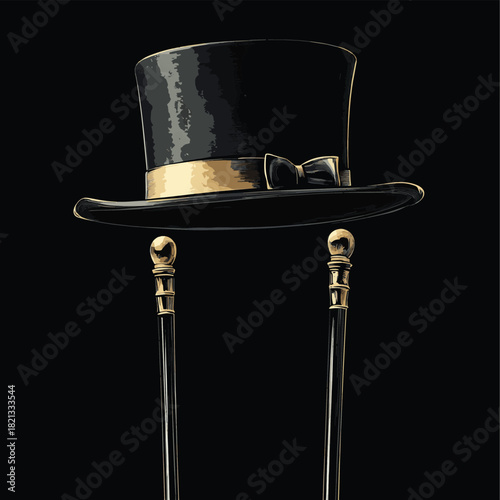 Top hat and cane props floating in zero gravity, surreal minimalist style, palette monochrome black and white with gold accent, vector illustration , vector style simple color