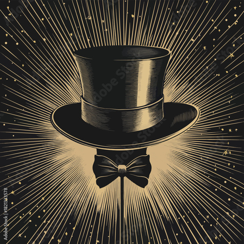Top hat and cane props floating in zero gravity, surreal minimalist style, palette monochrome black and white with gold accent, vector illustration , vector style simple color
