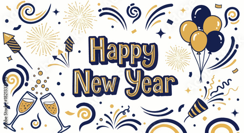Festive Happy New Year greeting with gold and blue fireworks, balloons, and clinking champagne glasses.