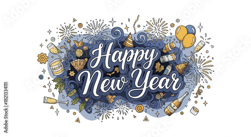 Happy New Year message surrounded by celebratory elements like fireworks, champagne bottles, balloons, and confetti in a whimsical, hand-drawn style.