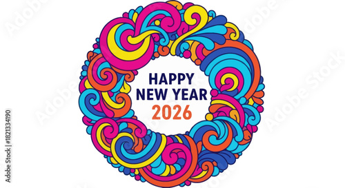 Colorful abstract wreath illustration with swirls and curls framing the text "Happy New Year 2026" on a white background.