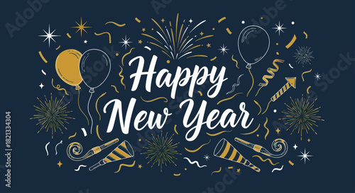 Festive "Happy New Year" message with balloons, stars, confetti, noisemakers, and fireworks on a dark blue background.