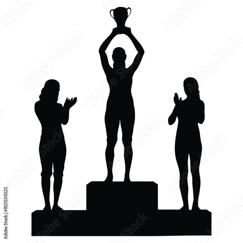 Female Sport Winners Podium Silhouette Vector Illustration, Woman Champion Holding Trophy Above Head