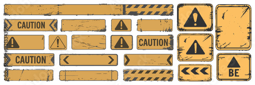 black and yellow caution sign board set. warning templates set in grunge style with black lines, grain, Stains, And scratches, Old vintage board for construction or on the road, or police accident.