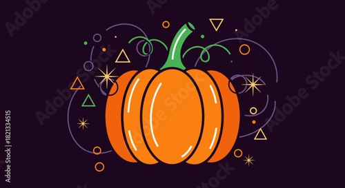 Abstract design featuring a vibrant orange pumpkin with a green stem, surrounded by colorful geometric shapes, stars, and swirls on a dark background.