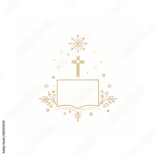 Elegant golden cross and open book design with ornate flourishes isolated on white background