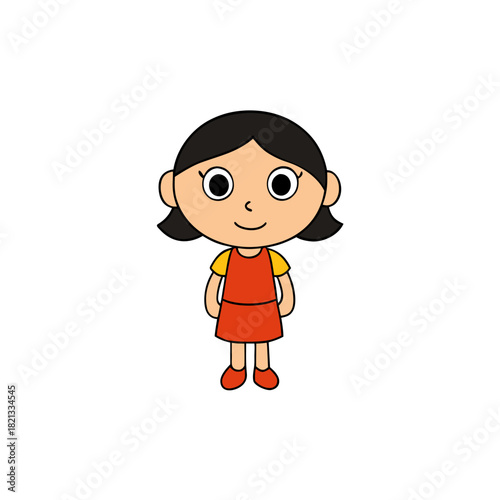 Cute cartoon girl with black hair and red dress isolated on white background