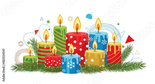 A vibrant illustration of Christmas candles in various colors and patterns, nestled among fir branches with abstract background elements.
