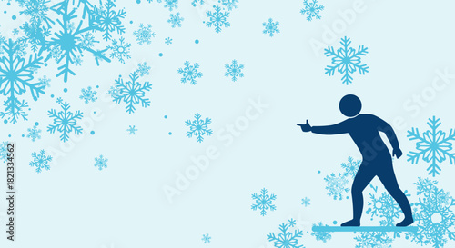 Stylized blue silhouette of a person snowboarding or surfing, pointing forward amidst a shower of blue snowflakes on a light winter background.