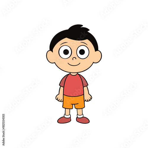 Cartoon boy with black hair wearing a red shirt and orange shorts isolated on white background