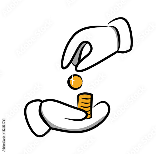A hand-drawn illustration of cartoon hands giving and receiving gold coins with minimal shading, representing charity, donation, financial support, generosity, and community assistance.