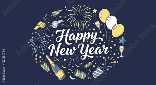 Festive "Happy New Year" text surrounded by celebratory elements including fireworks, balloons, champagne, confetti, and stars on a dark blue background.