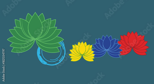 Elegant illustration of green, yellow, blue, and red lotus blossoms floating on water with subtle ripples, representing peace and purity.