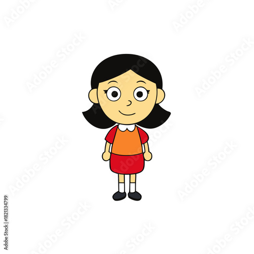 Cartoon girl with black hair and red skirt isolated on white background