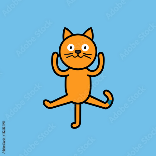 Cute cartoon orange cat doing a yoga pose isolated on white background