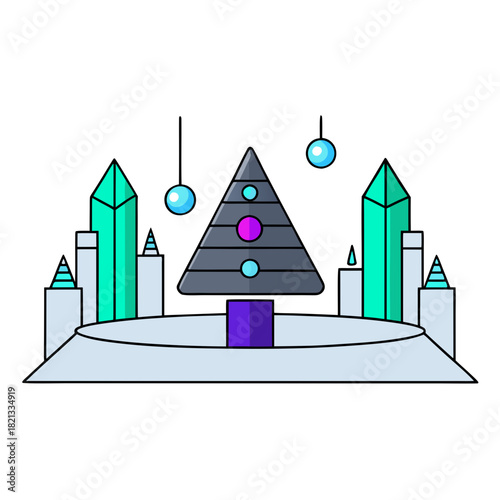 Futuristic geometric cityscape with pyramid structure and hanging orbs isolated on white background