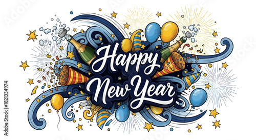A festive Happy New Year greeting with popping champagne, exploding party poppers, balloons, and fireworks.