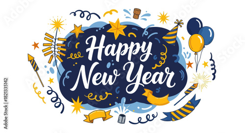 Festive illustration celebrating the New Year with fireworks, balloons, and celebratory elements.