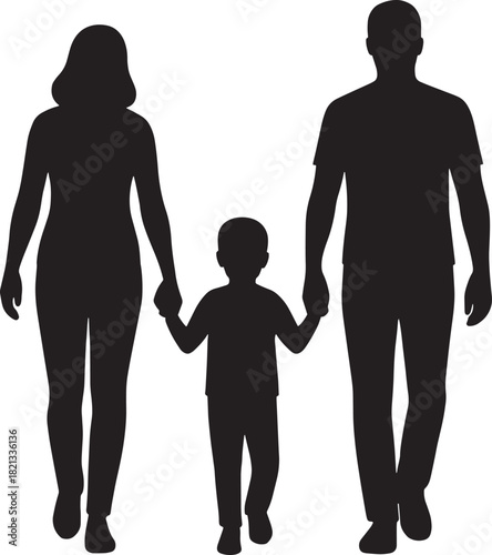 Family Silhouette Walking Together – Flat Vector of Two Adults and One Child Holding Hands, Clean Minimal Outline Design