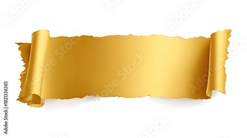 Fototapeta Naklejka Na Ścianę i Meble -  This golden scroll features a torn ragged edge and is rolled at the sides presenting a clean empty space for text or design elements on a white background