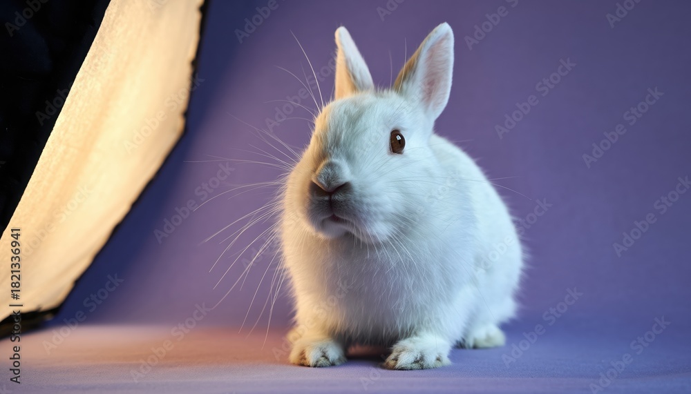 Obraz premium A fluffy white rabbit with bright eyes sits on a soft purple backdrop illuminated by a bright studio light, showcasing its fine fur texture and delicate whiskers.