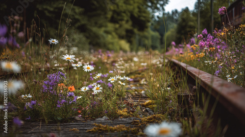 Overgrown railway tracks with wildflowers in bloom on a sunny day in the countryside